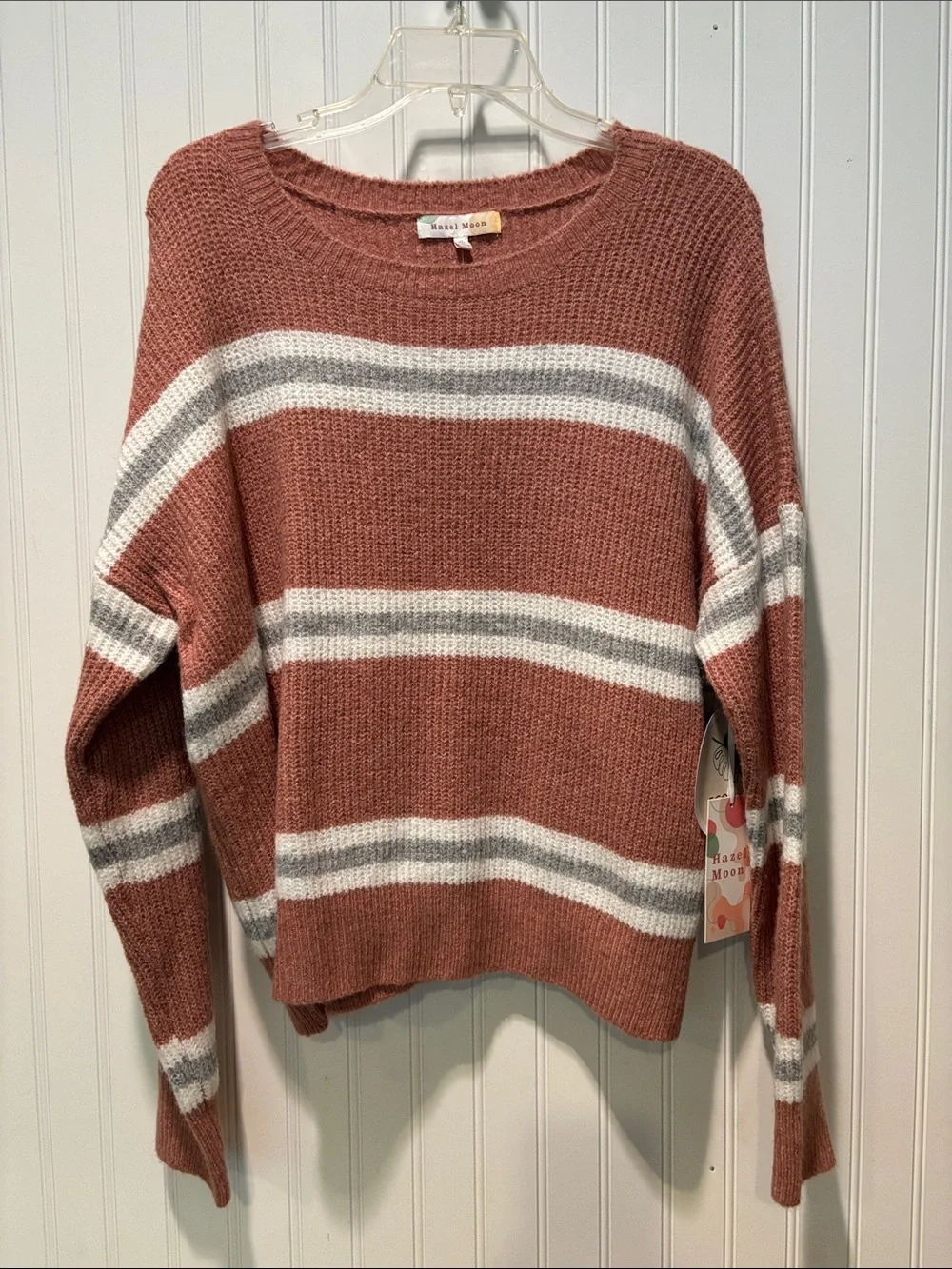 NWT Hazel Moon Rusty Mauve and Gray Striped Crewneck Sweater Size xL